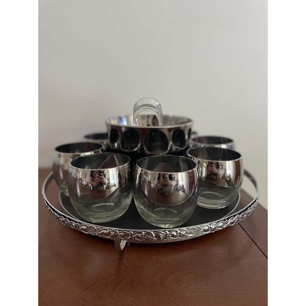 Vintage MCM Dorothy Thorpe Silver Rimmed Glass Set Ice Bucket Tray Barware Lot